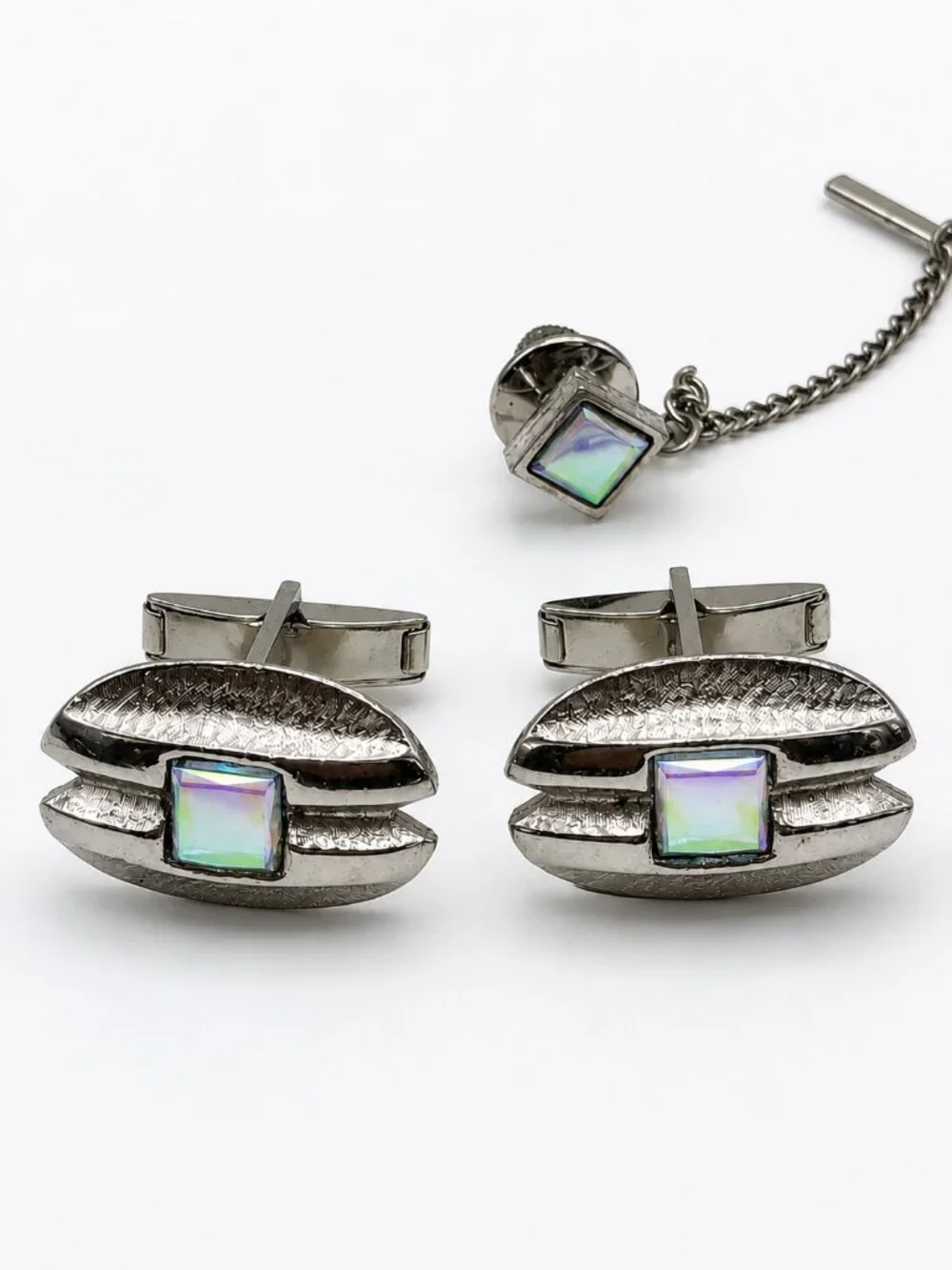 Vintage Iridescent Glass Cufflinks Tie Tack Set Silver Tone MCM 3 piece set